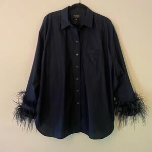 NWT J.Crew Navy Blue Button Down Shirt Feather Cuffs Preppy Cotton Boxy Women 24